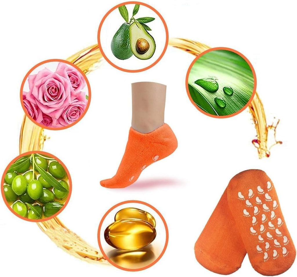 Moisturizing Gel Heel Socks for Dry and Cracked Heels, Jojoba Oil Olive Oil and Vitamin E, One Size Softening Spa Socks (Orange) - image 8