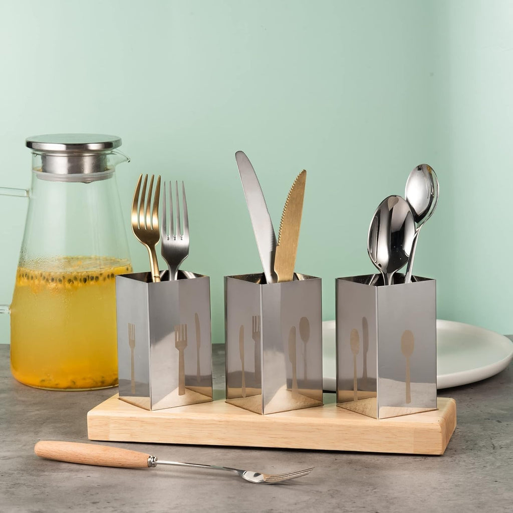 Utensil Holder Set 3 Pcs Stainless Steel Cutlery Organizer with Bamboo Base, Flatware Caddy for Forks, Knives and Spoons, Kitchen Countertop and Dining Table - image 5