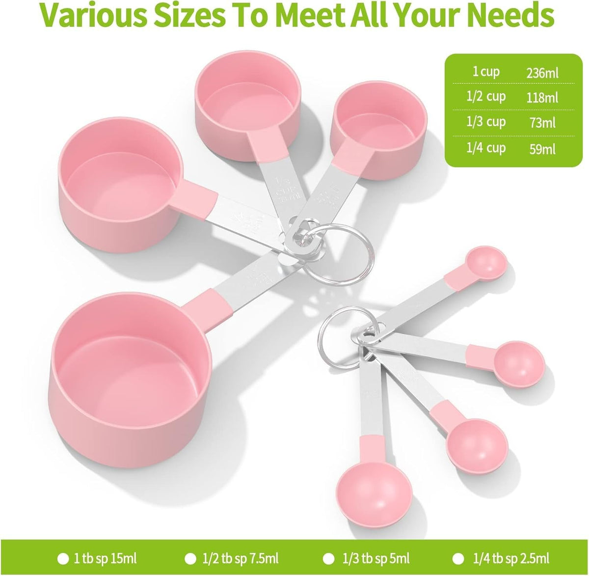 Measuring Cups and Spoons Set - 8 PCS Stackable Measuring Spoons with Stainless Steel Handle for Dry & Liquid Ingredients for Baking, BPA Free, Easy to Clean & Store (Pink) - image 3