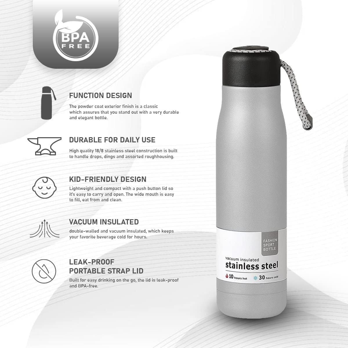 Water Bottle 500ml Stainless Steel Vacuum Insulated Flask, Double-Wall Leak-Proof BPA-Free Reusable for Hot Cold Drinks Sports Travel, Brushed Silver - image 2