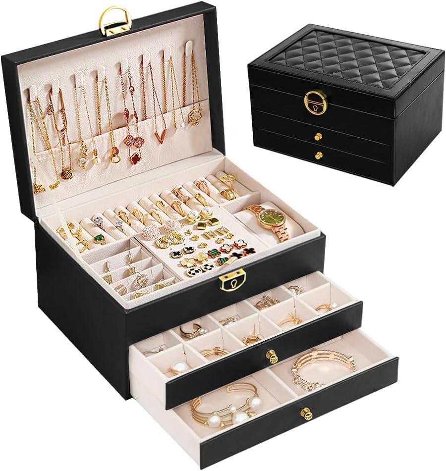 Jewelry Organizer Box Jewelry Box, 3-Layer Jewelry Organizer for Women & Girls, Multi-functional Jewelry Storage Case with Lock for Earrings, Bracelets, Rings and Watches, Modern Design, X-559 (Black) - image 1