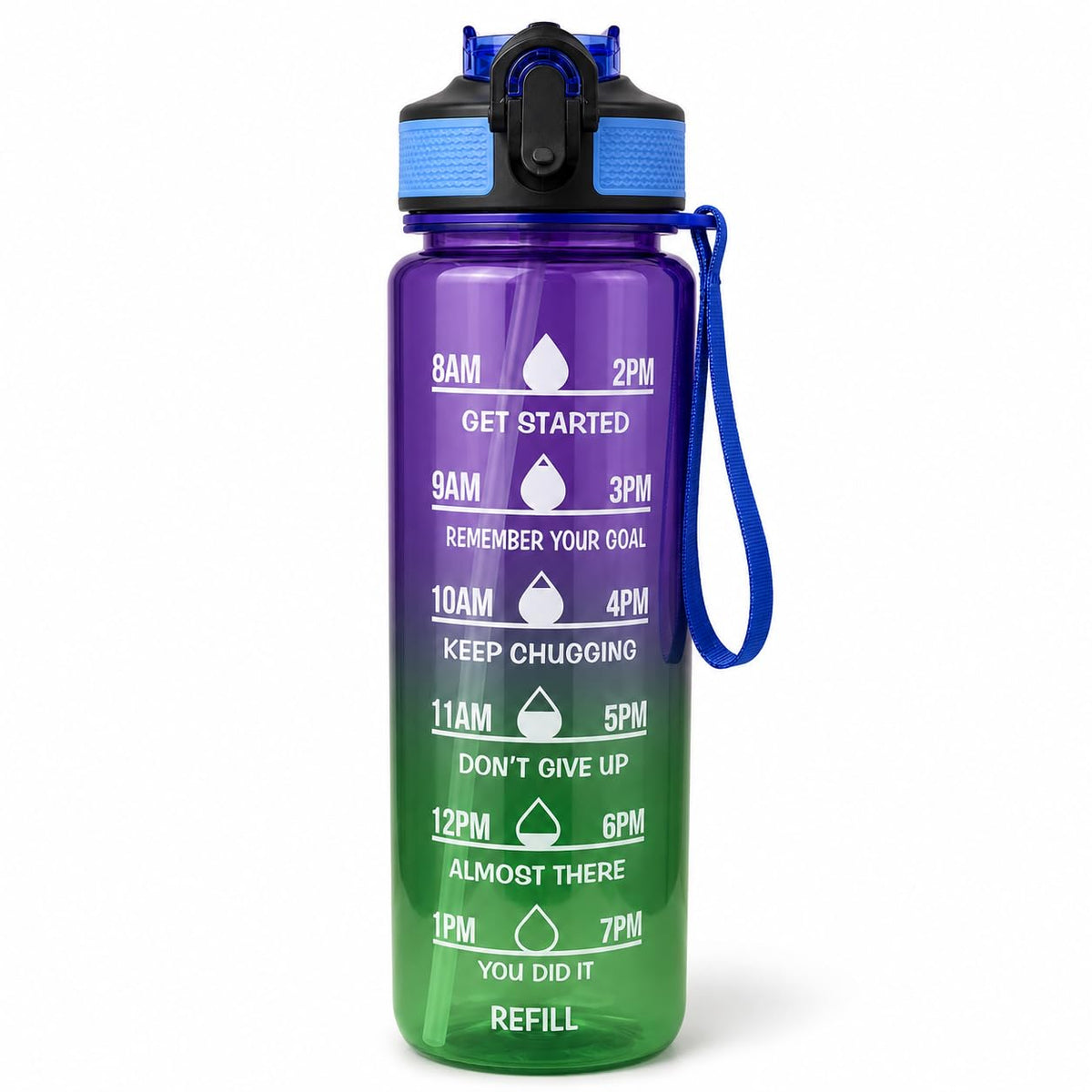 Water Bottle 1L with Time Markings and Carry Handle, Leak-Resistant Reusable Sports Bottle for Gym, Fitness, Work, School, Travel and Outdoor Use, FL-1263 (Purple & Green) - image 1