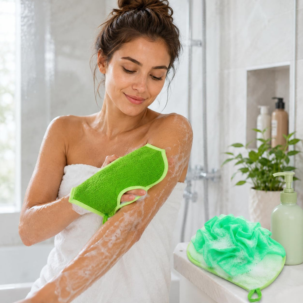 Exfoliating Glove, Body Loofah Bath Mitt with Hanging Loop, Soft Scrub Quick-Dry Wash Cloth for Men and Women, Shower and Daily Bath Care, B-618(Green) - image 9