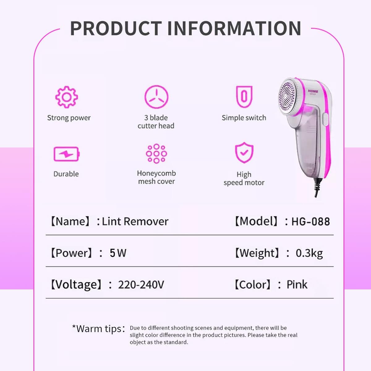 Lint Remover for Clothes, 5W Fabric Shaver with Honeycomb Mesh, Large Visible Lint Container and Ergonomic Portable Design for Sweaters, Coats and Upholstery, HG-088 - image 2