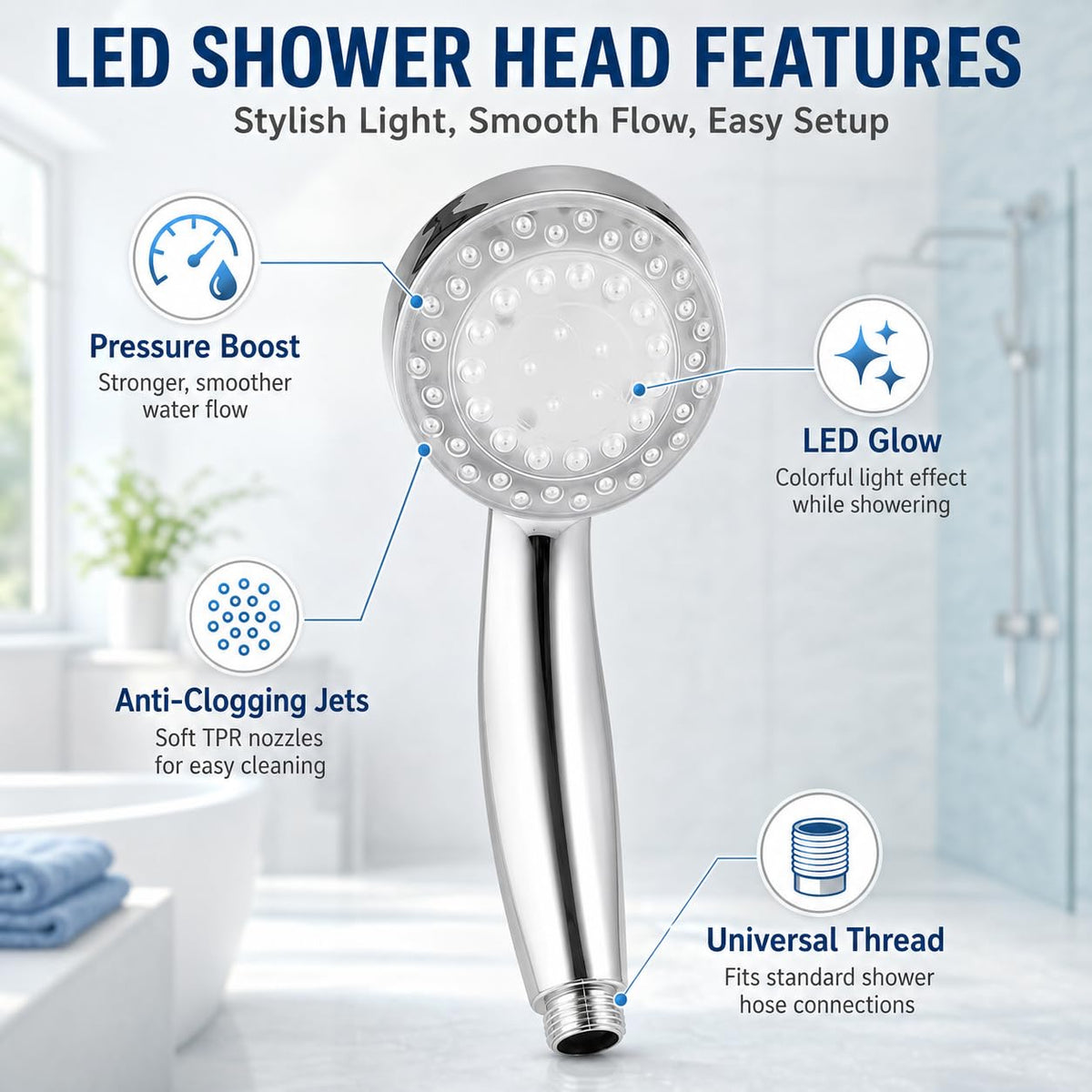 Handheld Shower Head with LED Color-Changing Light, High-Pressure Water-Powered Detachable Bathroom Sprayer for Home Spa Use, B-208 - image 2