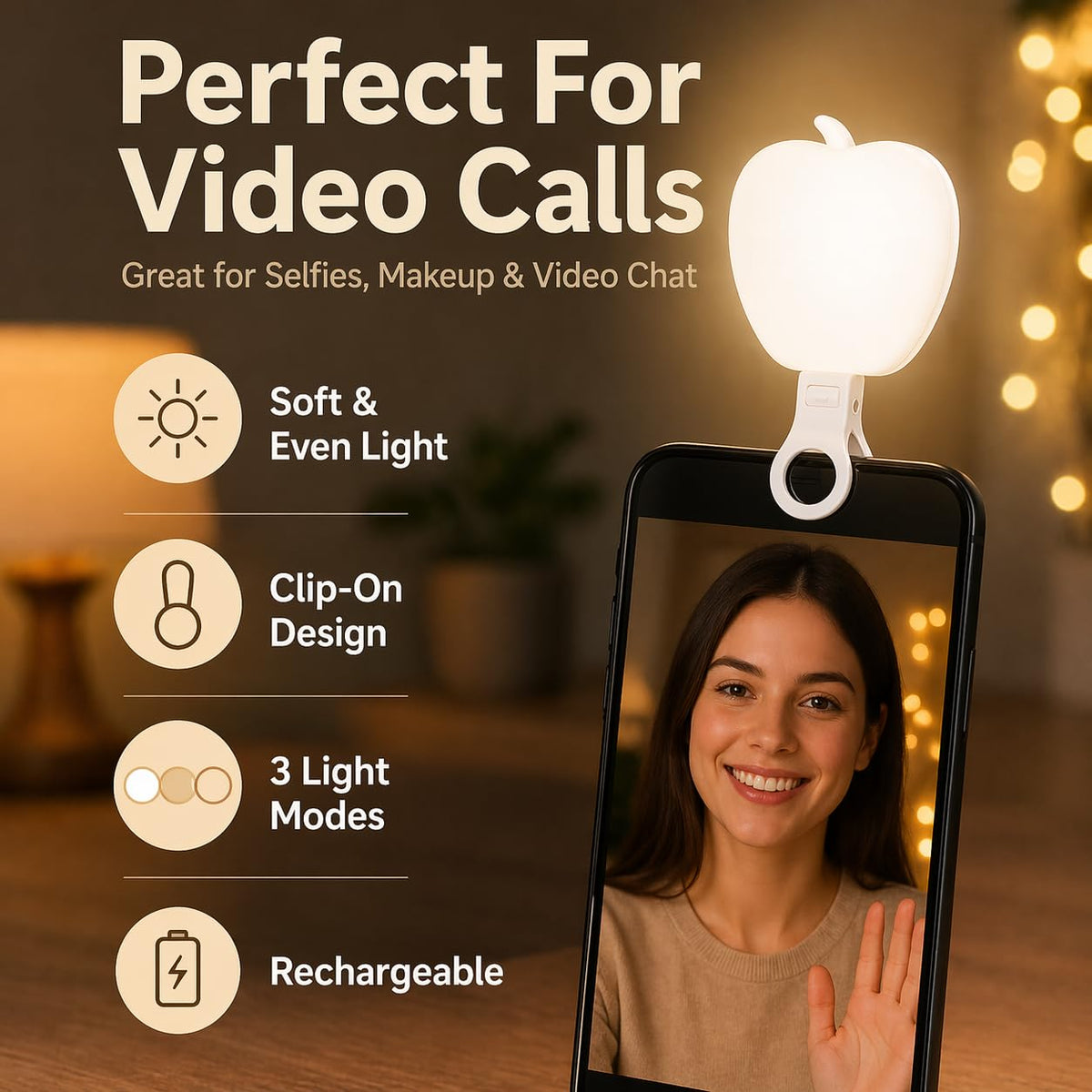 Selfie Light for Phone, Rechargeable Clip-On LED Video Light with 3 Brightness Modes and Adjustable 3000K-6500K Color Temperature for Photos, Makeup, Video Calls and Live Streaming, K03 - image 3
