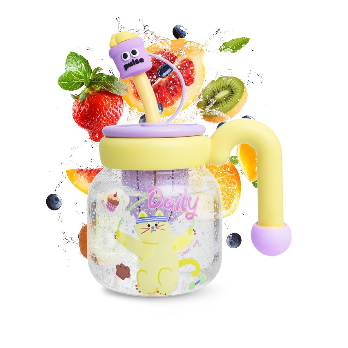 Water Bottle 860 ml, Glass Bottle with Straw, Carry Handle, Strainer and Leakproof BPA-Free Lid for Water, Juice, Milk and Tea, Indoor and Outdoor Use, GG-2533, Purple - image 1