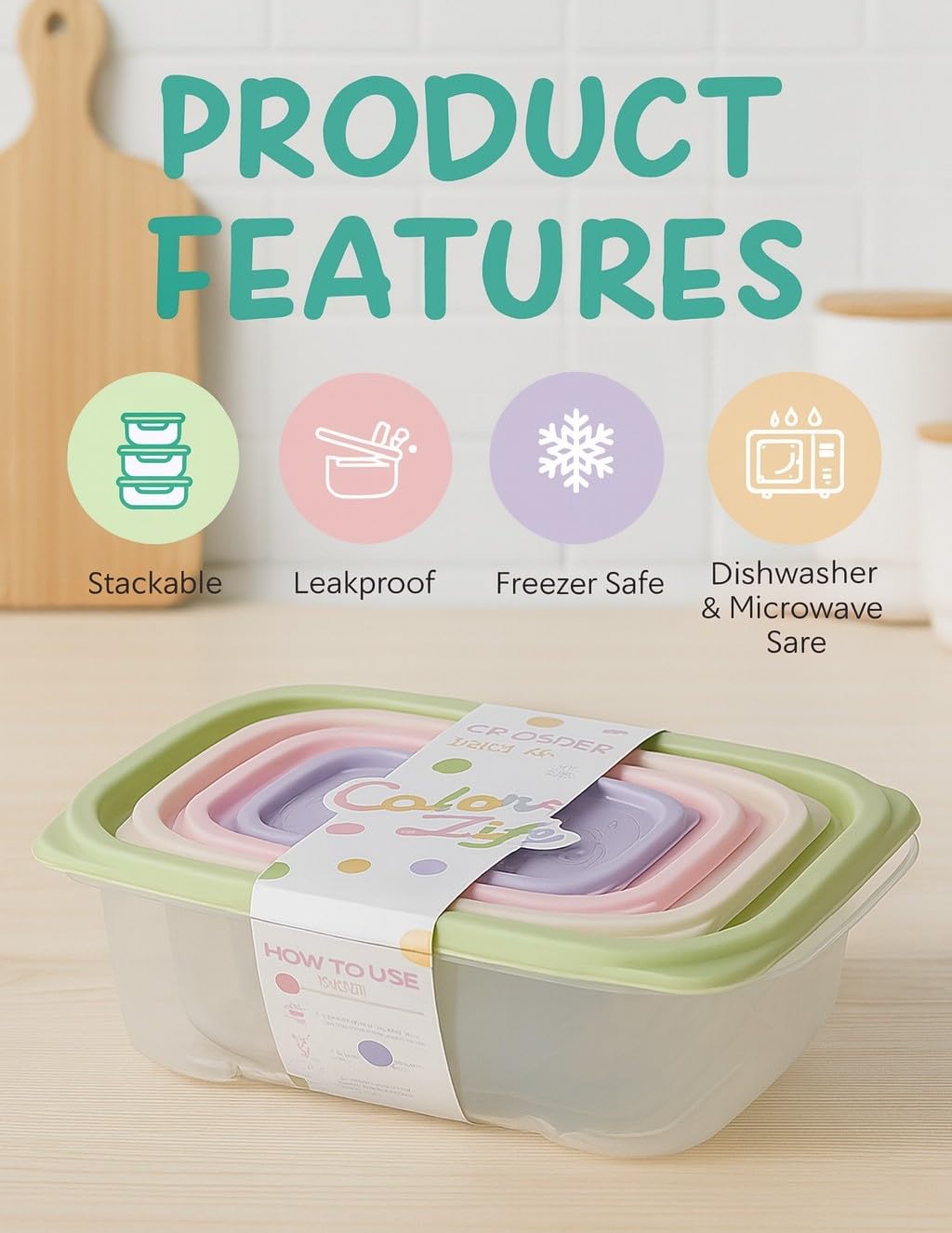 Food Storage Containers Set 4 Pcs, Airtight Leakproof Oval Fridge Boxes, Stackable Microwave-Safe 3 Minutes for Vegetables, Fruit and Leftovers, Easy to Clean, Green - image 2