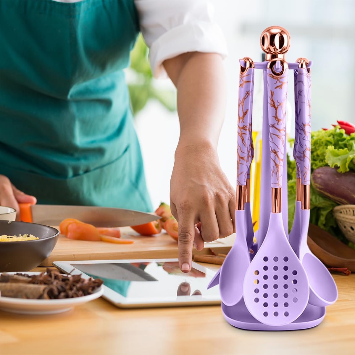 Cooking Utensil Set 7 Pcs, Silicone Kitchen Tools with Holder, Heat-Resistant Non-Stick Cookware Accessories for Mixing, Stirring, Serving and Frying, Purple - image 7