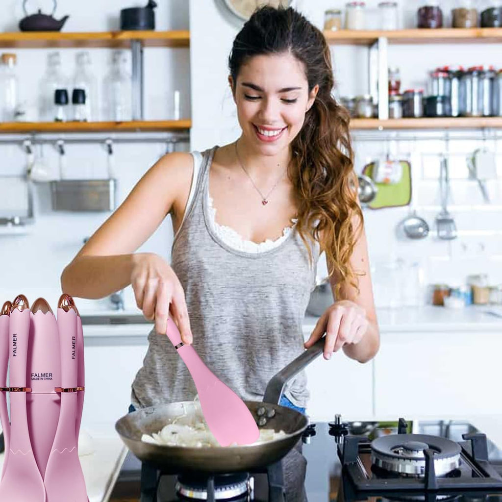 Silicone Kitchen Utensils Set with Spatula, Spoon, Skimmer, Pasta Server and Turner, Food-Grade Dishwasher-Safe Cooking Tools for Mixing, Serving and Nonstick Cookware, Pink - image 7