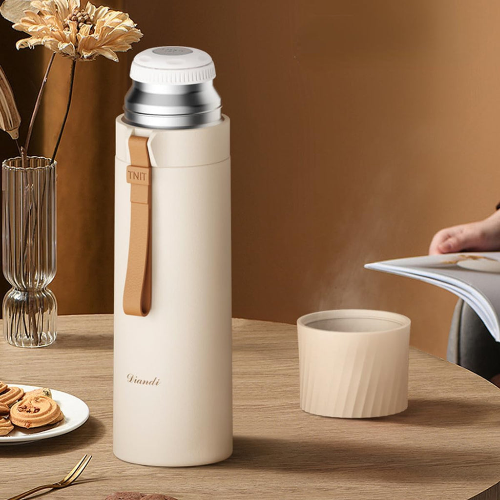 Water Bottle 500ml, Stainless Steel Vacuum Insulated Flask with Double Wall, Snap Cap, Drinking Cup and Carry Rope for Hot and Cold Drinks, Travel and Office (White) - image 7