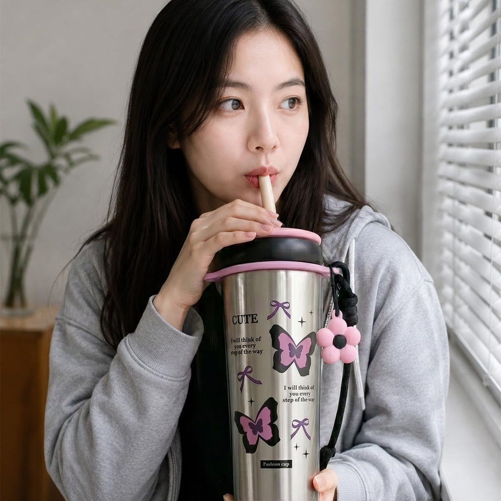 Travel Mug 720ml, Stainless Steel Vacuum Insulated Tumbler with Straw Lid, Carry Handle, Removable Filter and Leakproof BPA-Free Design, F-1547 (Grey) - image 7