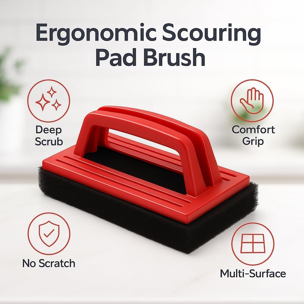 Bath Brush With Handle Scouring Pad Scrubber Kitchen Cleaning Brush For Bathroom Floor Wall Sink Tile Ergonomic Cleaning Tool For Home Use (Red H130014) - image 4