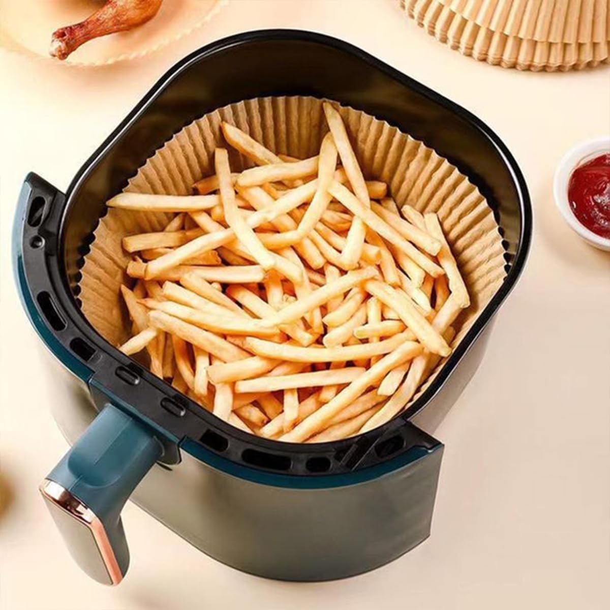 Air Fryer Liners 100 Pcs with 220 ml Oil Spray Bottle, Parchment Paper Disposable Non Stick Oil Proof Water Proof for Baking Roasting Microwave Steamer Frying Pan, Easy Cleanup - image 8