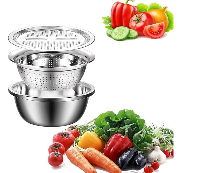 Stainless Steel Basin Grater 26 CM, Multifunctional 3 in 1, Vegetable Cutter with Drain Basket - Vegetable Fruits Washing Bowl Strainer Set - image 1