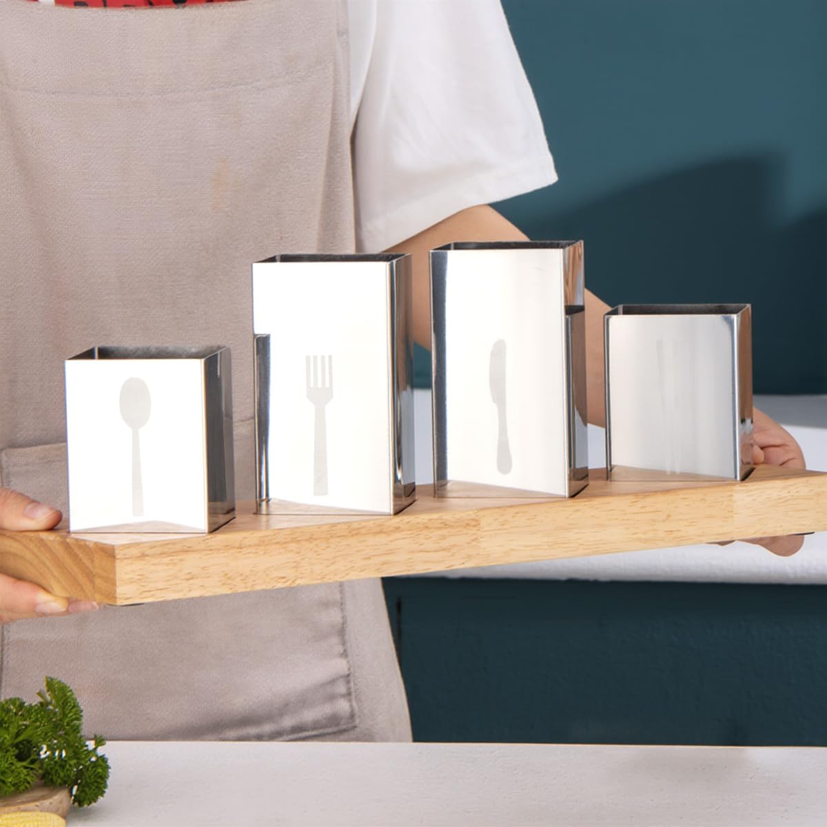 Utensil Holder Set, 4-Piece Stainless Steel Cutlery Organizer with Bamboo Base, Flatware Caddy for Forks, Knives and Spoons, Kitchen Counter and Dining Table, Silver - image 6