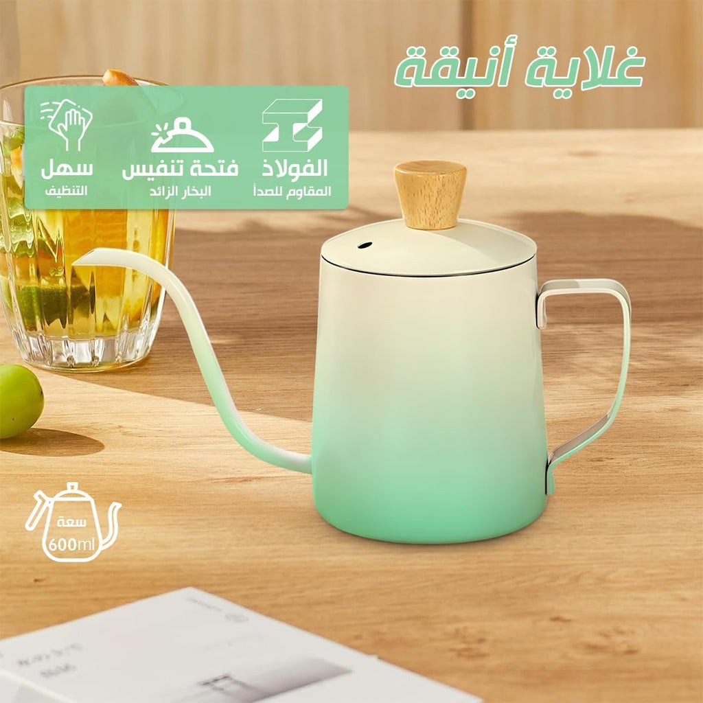 Tea Pot 350ml, Stainless Steel Coffee Pour Over Pot with Lid, Long Narrow Spout and Compact Classic Design for Home, Office and Travel, Green - image 2