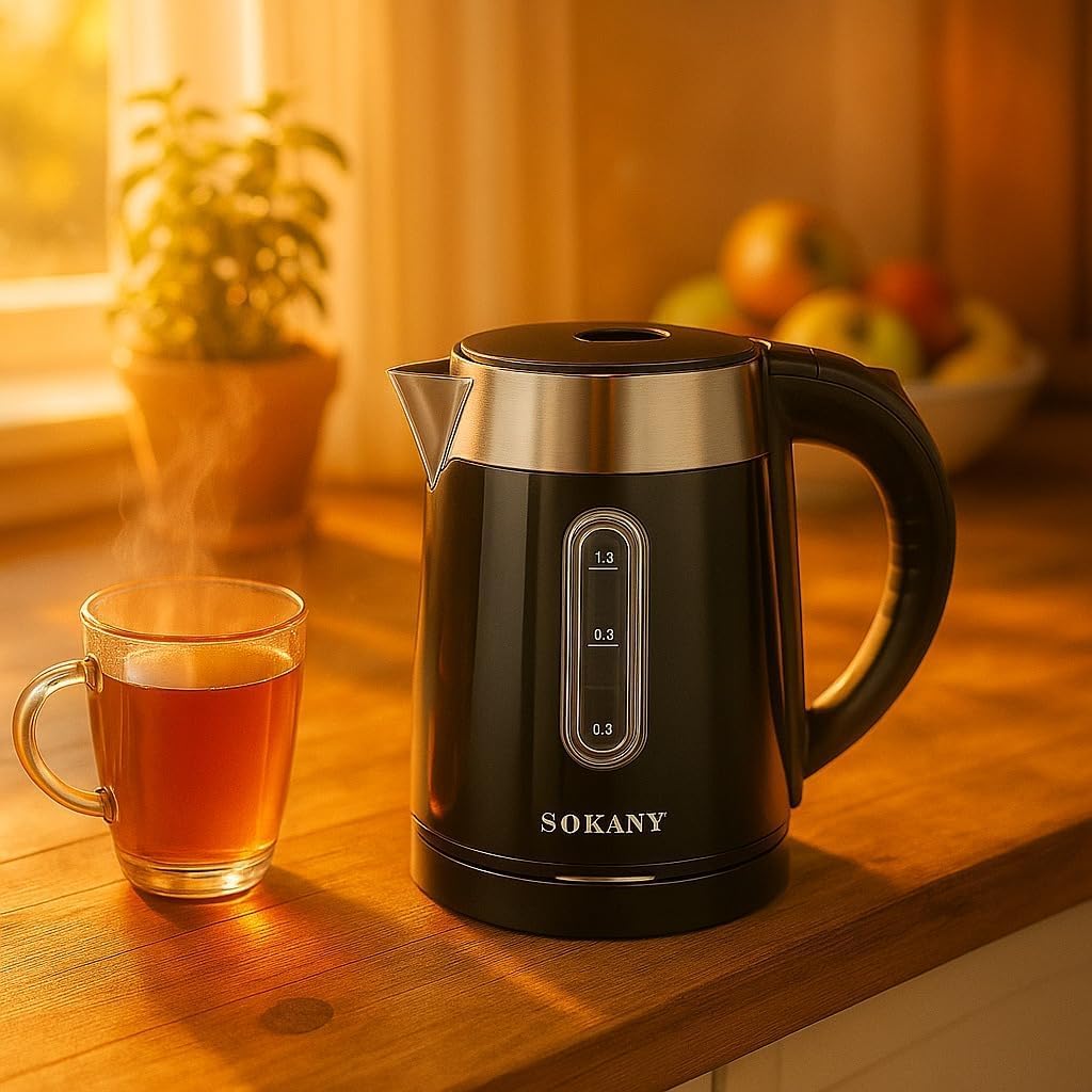 Electric Kettle 1L, 1200W Stainless Steel Water Boiler with Fast Boiling, Auto Shut-Off, 360° Swivel Base, Indicator Light and Water Level Window, Sokany SK-0808 (Black) - image 6