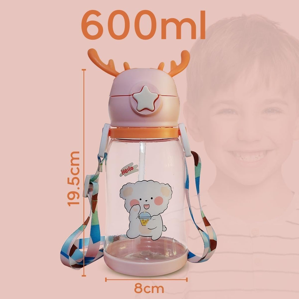 Water Bottle With Straw And Strap 600 ml Leak Proof Bpa Free Plastic Drinking Cup For School Sports Travel Durable Reusable Design (Pink) - image 5