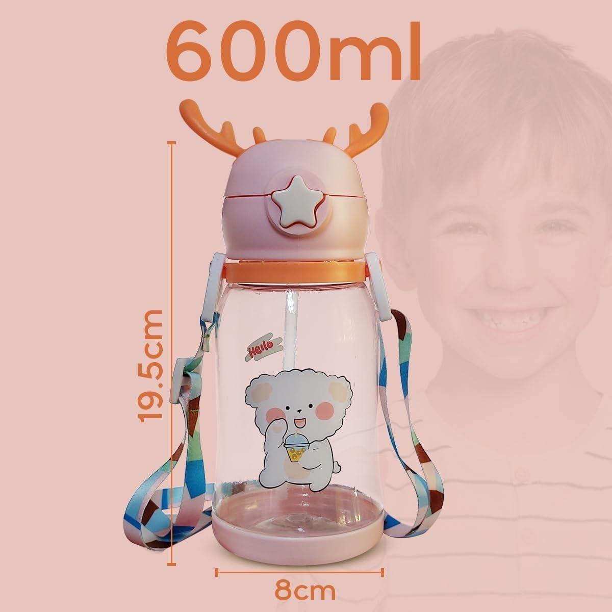 Water Bottle With Straw And Strap 600 ml Leak Proof Bpa Free Plastic Drinking Cup For School Sports Travel Durable Reusable Design (Pink) - image 5