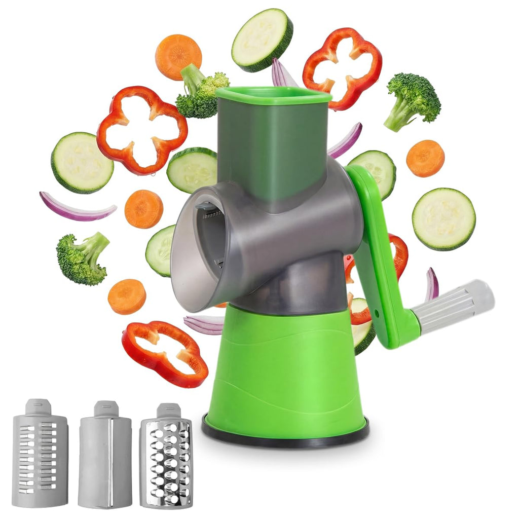 Rotary Cheese Grater and Vegetable Slicer, Manual Hand-Crank Drum Cutter with Non-Slip Suction Base for Cheese, Salad, Vegetables and Fruits, XE-132, (Green) - image 1