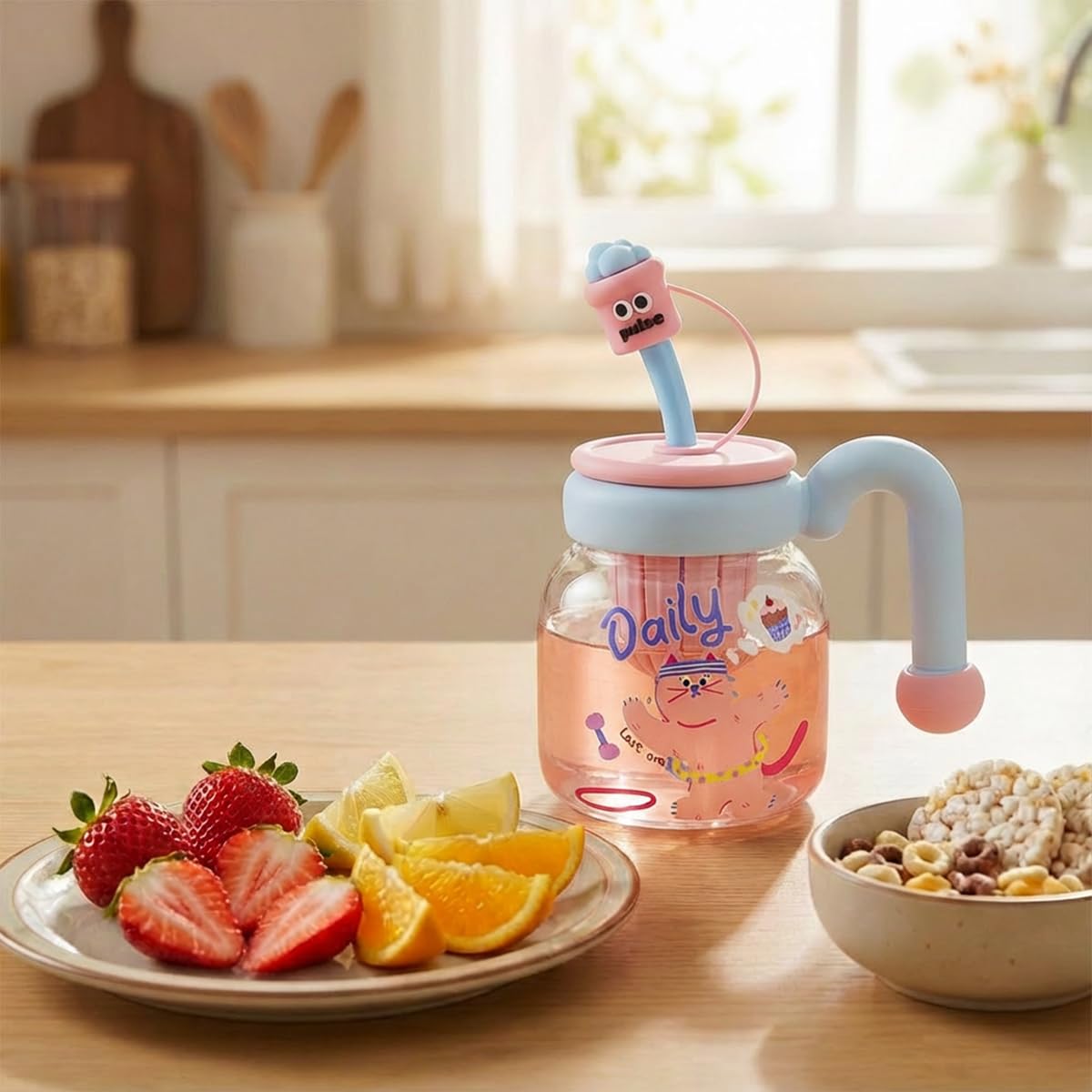 Water Bottle 860ml, Glass Drinking Bottle with Straw Lid, Carry Handle and Removable Infuser, Leak-Resistant BPA-Free Cup for Work, Travel and Daily Use, GG-2533, Blue - image 7