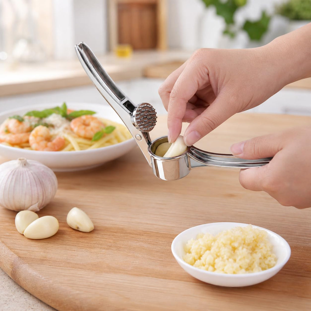 Garlic Press, Stainless Steel Manual Crusher and Mincer with Ergonomic Handle for Garlic Cloves, Compact Easy-Clean Kitchen Tool, Silver, XD-71 - image 7