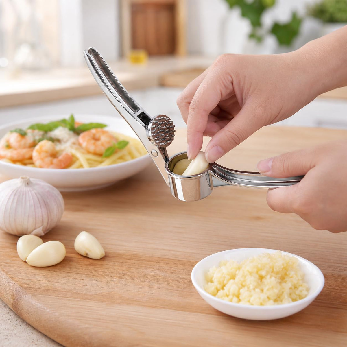 Garlic Press, Stainless Steel Manual Crusher and Mincer with Ergonomic Handle for Garlic Cloves, Compact Easy-Clean Kitchen Tool, Silver, XD-71 - image 7