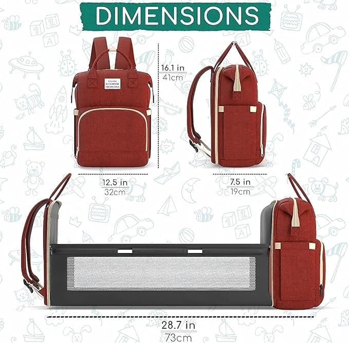 Diaper Bag Backpack with Foldable Baby Bed, Large Capacity Maternity Bag, Waterproof, Insulated Pockets, Changing Pad, Stroller Hooks (Red) - image 4