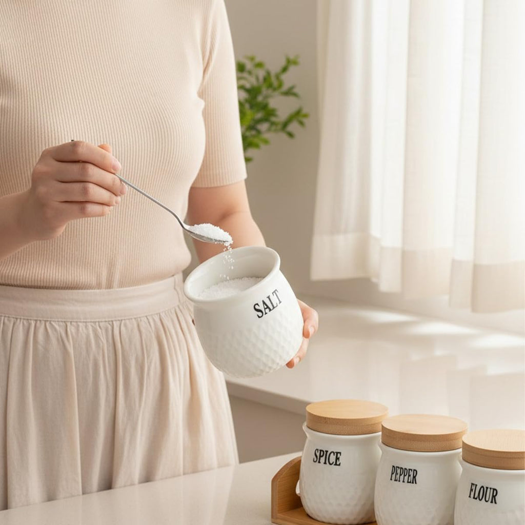 Food Storage Containers Set of 4, Ceramic Kitchen Canister Jars with Bamboo Lids for Tea, Coffee, Sugar, Spices and Dry Food, BPA-Free Countertop Organizer - image 2