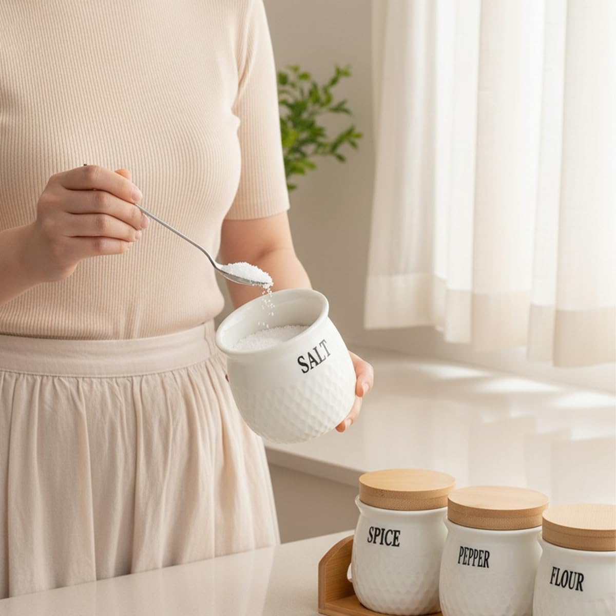 Food Storage Containers Set of 4, Ceramic Kitchen Canister Jars with Bamboo Lids for Tea, Coffee, Sugar, Spices and Dry Food, BPA-Free Countertop Organizer - image 2