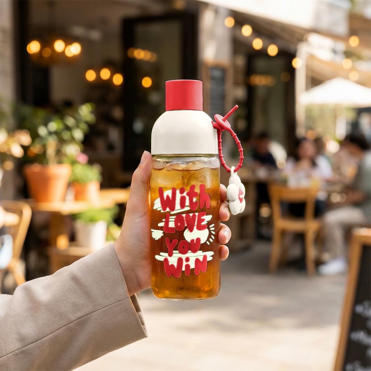 Water Bottle Glass 450 ml with Strainer, Leak-Proof BPA-Free Cute Infuser Cup with Easy-Grip Lid for Tea, Juice and Milk, Indoor and Outdoor, GG-2538 (Red, Creamy) - image 7