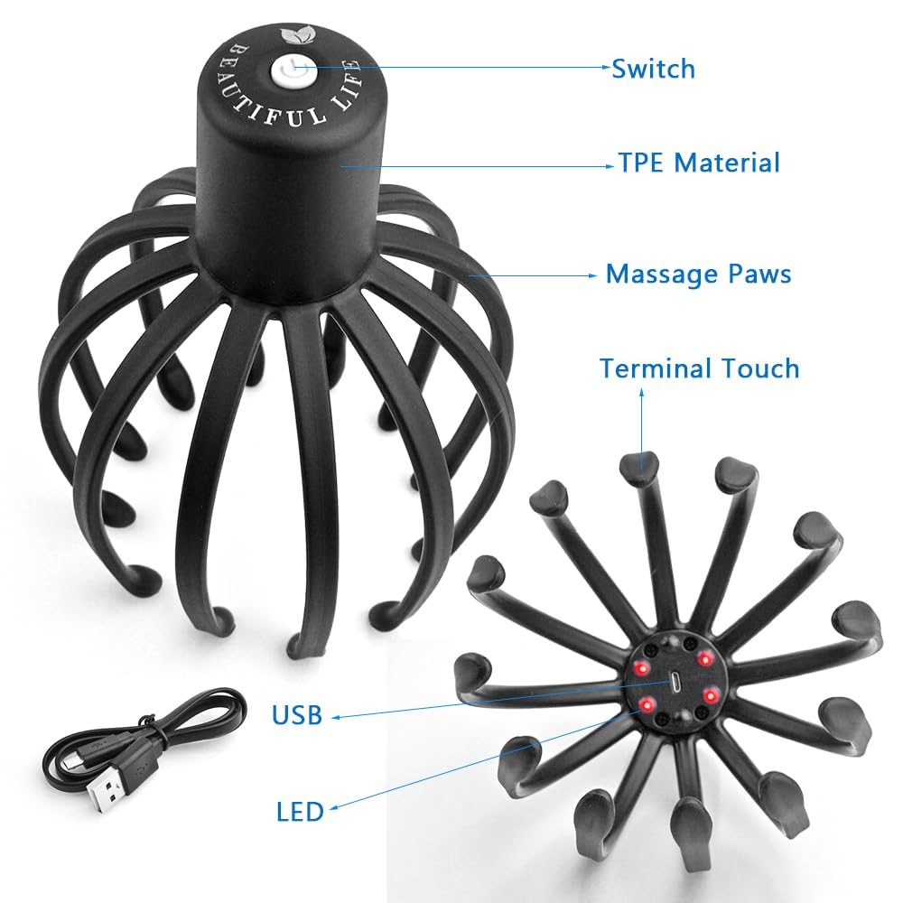 Head Scalp Massager Electric 3D Massage Arms 12 Claw Design 3 Vibration Modes Stress Relief USB Rechargeable Handheld Home Office Travel - image 4