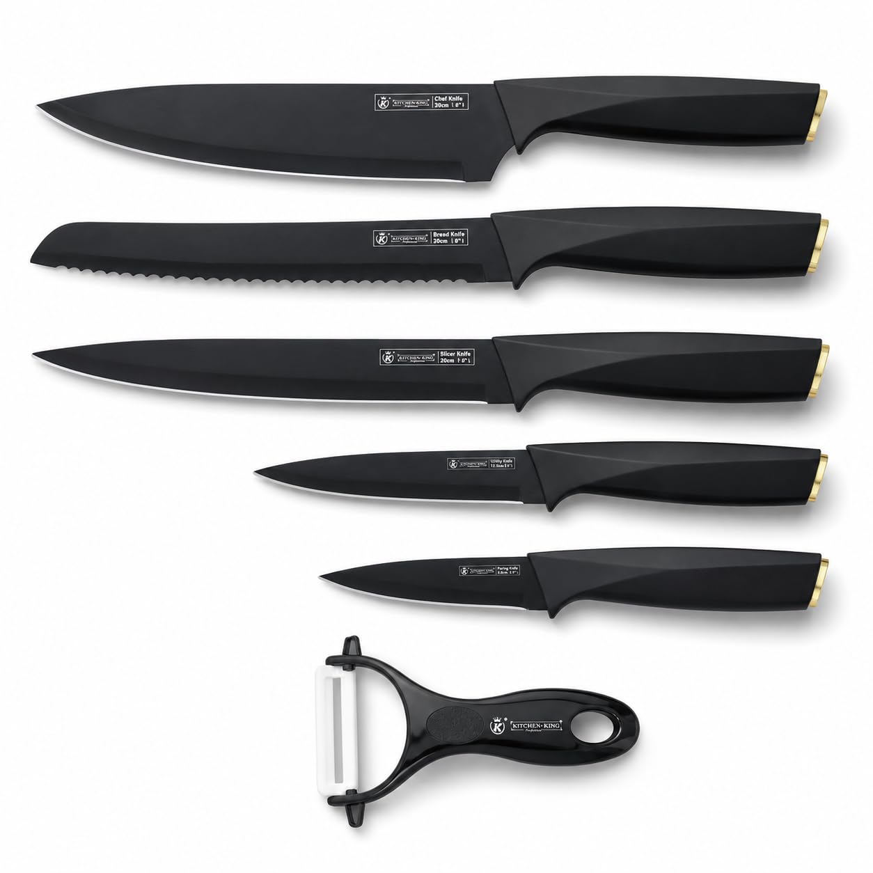 Kitchen Knife Set 6 Pieces, Non-Stick Marble-Coated Stainless Steel Knives with Chef, Bread, Slicing, Utility and Paring Blades for Food Preparation, H-736, Black - image 1