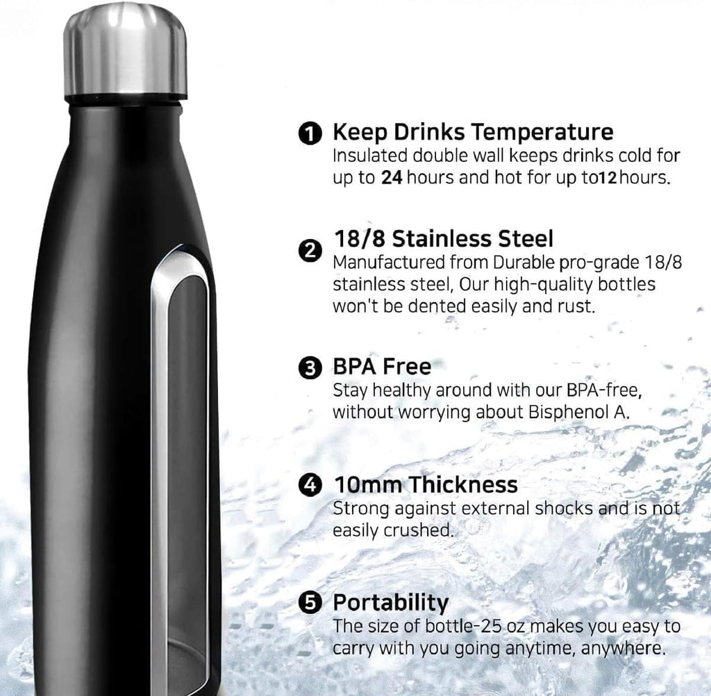 Water Bottle 500ml Stainless Steel Vacuum Insulated Double Wall Leakproof BPA-Free Motivational for Gym Travel Office Outdoor (Black) - image 4