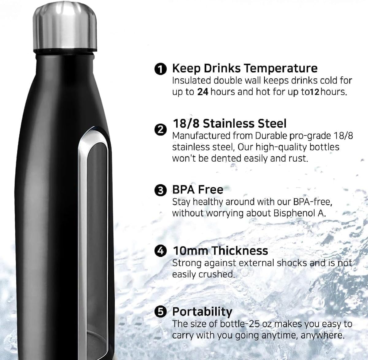 Water Bottle 500ml Stainless Steel Vacuum Insulated Double Wall Leakproof BPA-Free Motivational for Gym Travel Office Outdoor (Black) - image 4