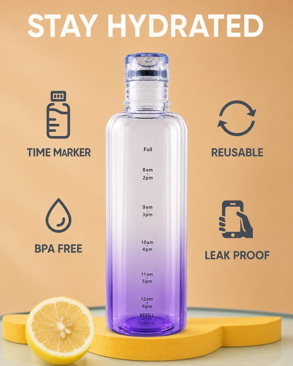 Water Bottle 500 ml with Time Markers, Leak-Proof Lid, BPA Free - Reusable Wide Mouth Sport Flask for Gym, Office & Travel (Purple) - image 4
