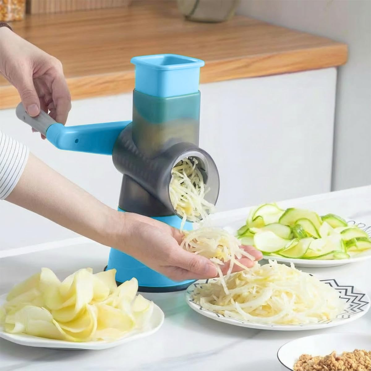 Vegetable Slicer Manual Hand-Crank Rotary Drum Grater with Non-Slip Suction Base for Cheese Salad Vegetables Fruits Kitchen Blue XE-132 - image 6