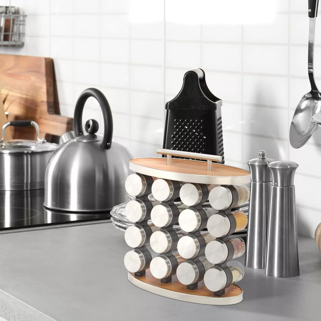 Spice Rack Set with 16 Glass Jars, Rotating Round Seasoning Organizer Stand with Lids for Herbs, Spices and Kitchen Countertop Storage - image 2
