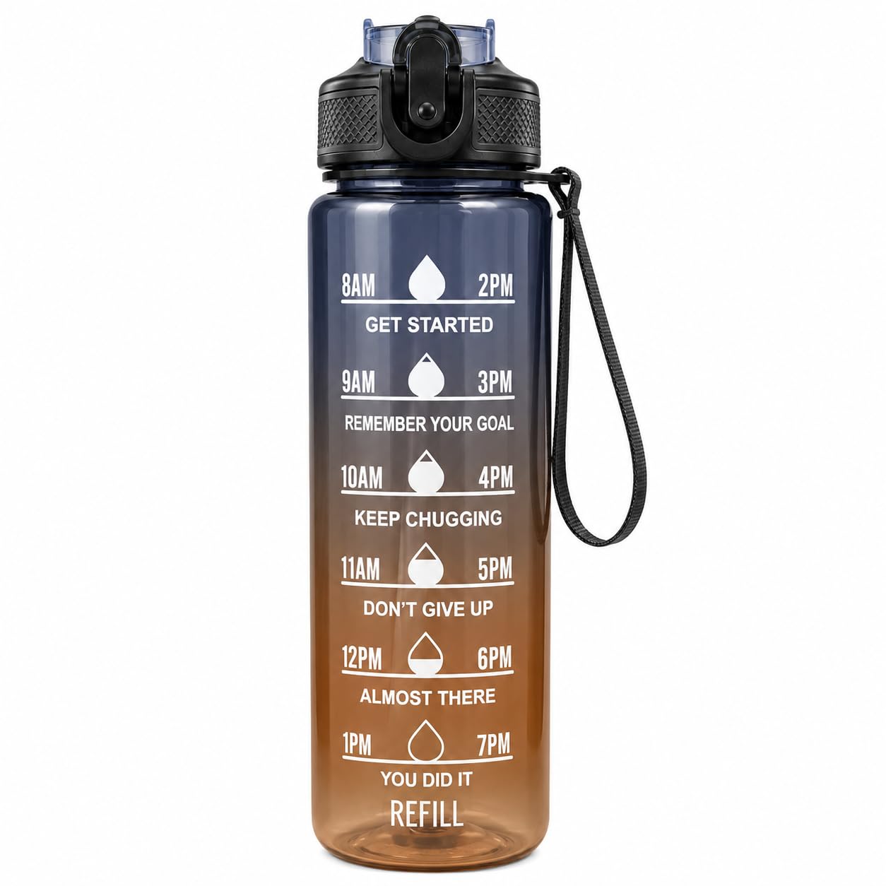 Water Bottle 1L with Time Markings and Carry Handle, Leak-Resistant Reusable Sports Bottle for Gym, Fitness, Work, School, Travel and Outdoor Use, FL-1263, Black & Orange - image 1