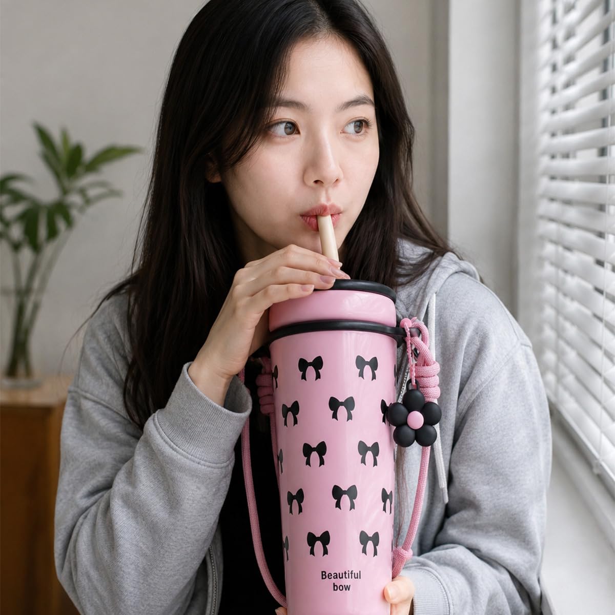 Travel Mug 720ml, Stainless Steel Vacuum Insulated Tumbler with Straw Lid, Carry Handle, Adjustable Shoulder Strap, Removable Filter and Leakproof BPA-Free Design, F-1547 (Pink) - image 7