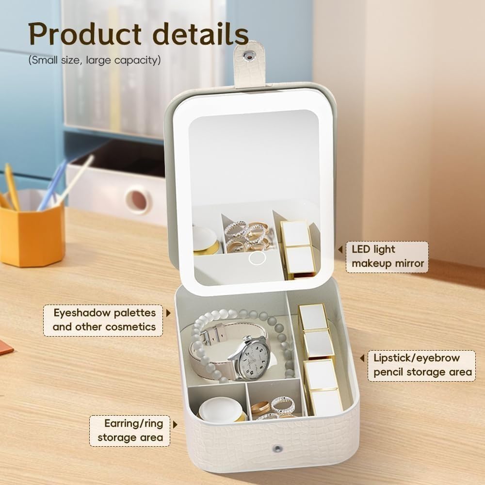Makeup Mirror with Lights and Organizer Box, Rechargeable LED Vanity Mirror with 3 Colour Settings, Portable Tabletop Cosmetic Storage for Home, Desk and Travel (White) - image 2