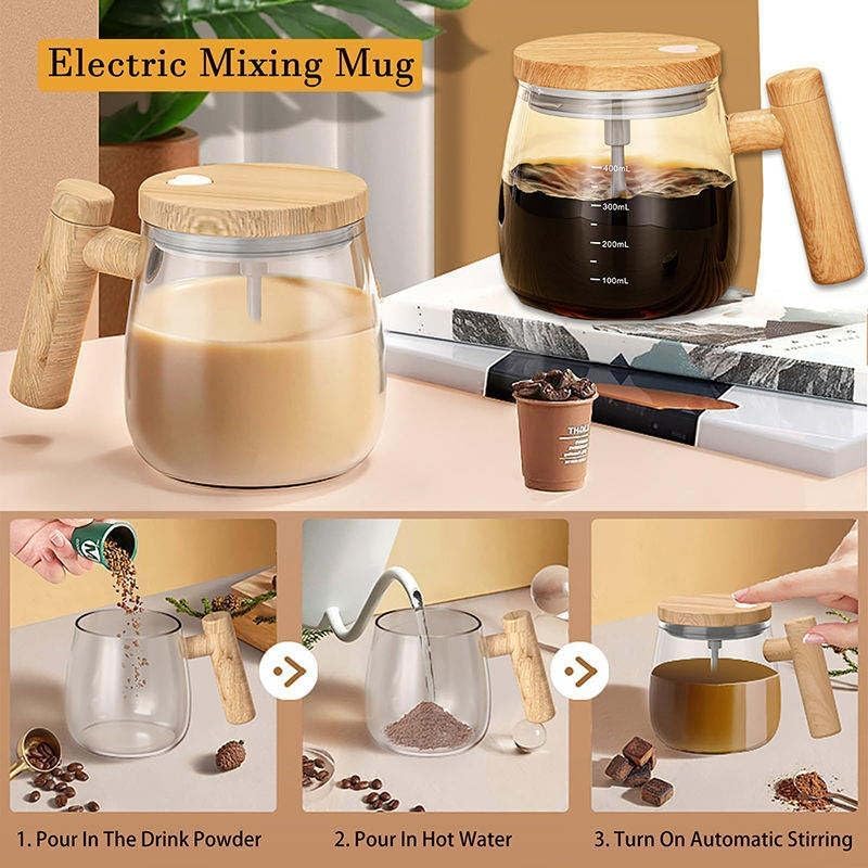 Self Stirring Mug 400 ml, Automatic Mixing Cup, High Borosilicate Glass Electric Coffee Cup With Lid, Portable For Travel, Home, Office, Gym - image 4