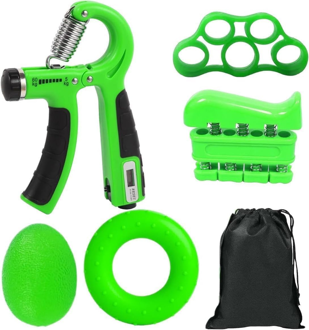 Hand Grip Exerciser Set 5 Piece, Adjustable Hand Gripper with Forearm Strengthener, Finger Trainer and Wrist Workout Tools for Strength Training (Green) - image 1