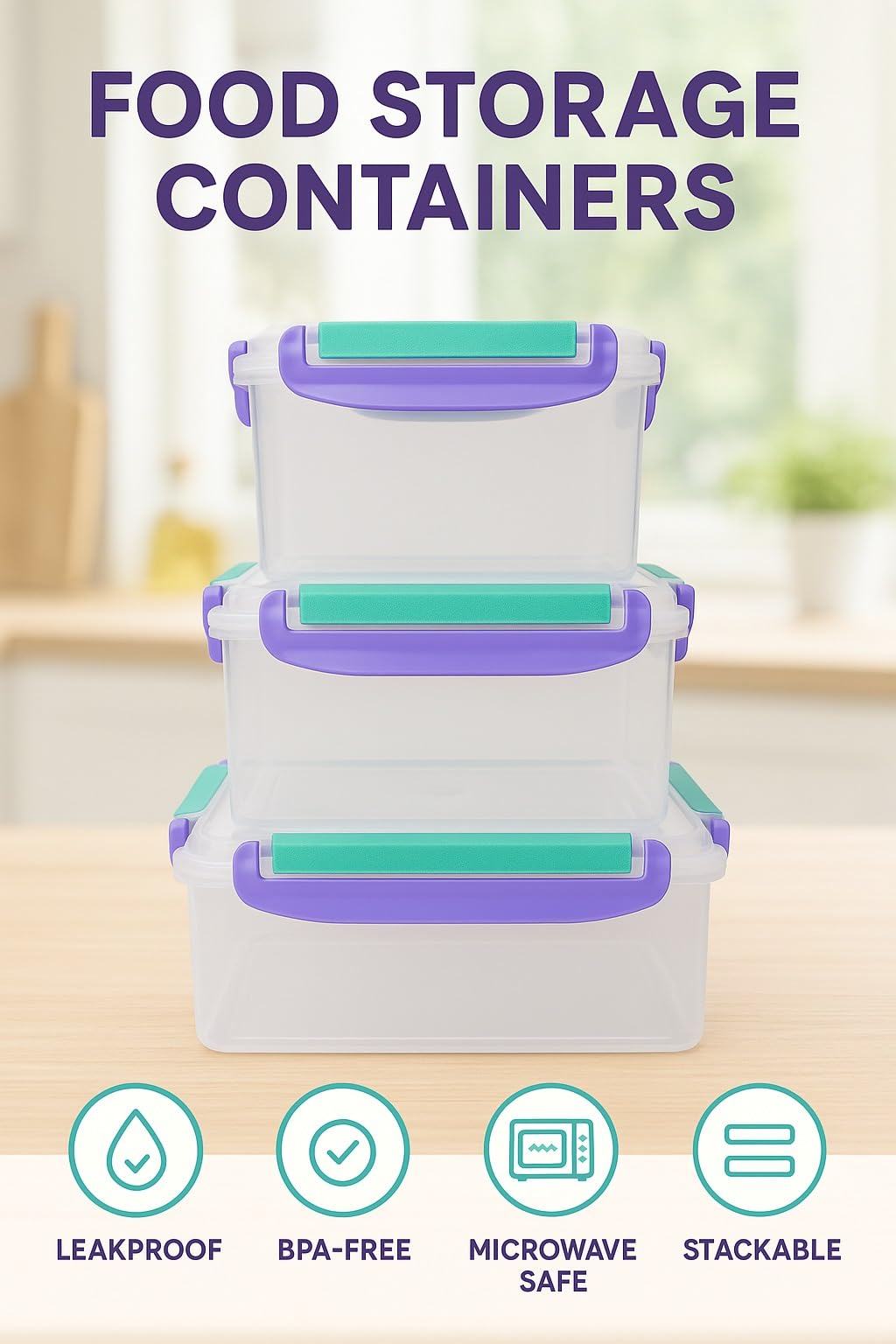 Food Storage Containers Set 3 Pcs, Square Plastic Fridge Boxes with Airtight Lids, Leakproof, Microwave and Dishwasher Safe, Stackable, Easy Clean, Purple - image 2