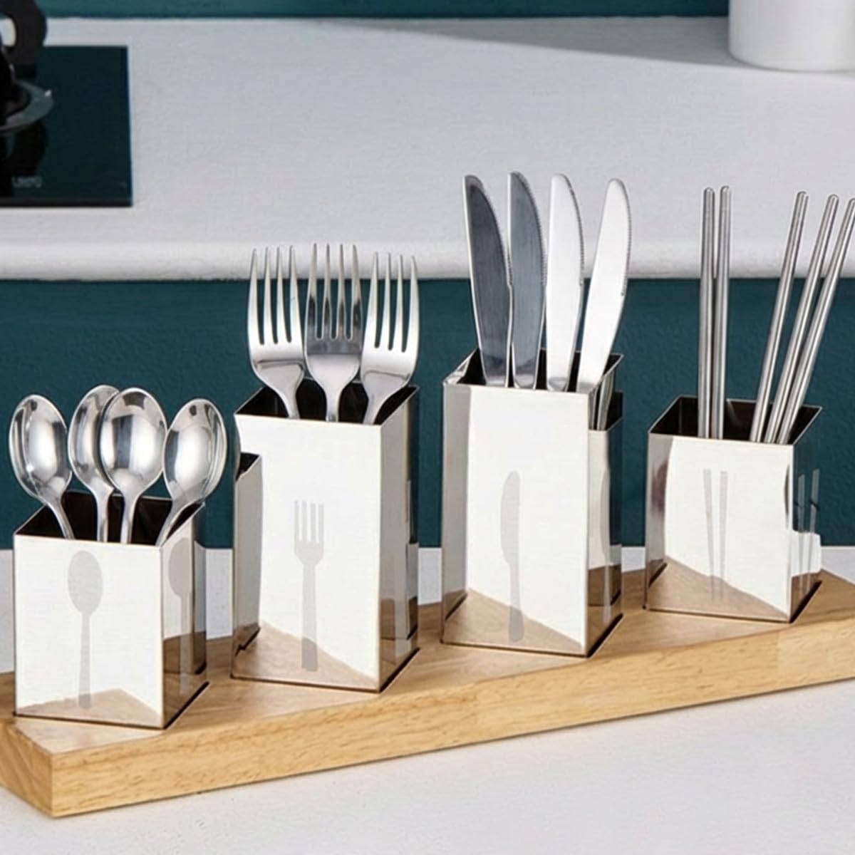 Utensil Holder Set, 4-Piece Stainless Steel Cutlery Organizer with Bamboo Base, Flatware Caddy for Forks, Knives and Spoons, Kitchen Counter and Dining Table, Silver - image 7