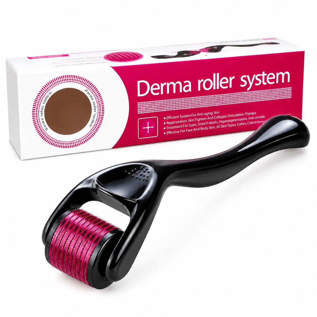 Derma Roller 0.75mm, 540 Micro Needles Cross-Line Cosmetic Skin Care Roller with Ergonomic Handle for Face, Pink, DRS100 - image 1