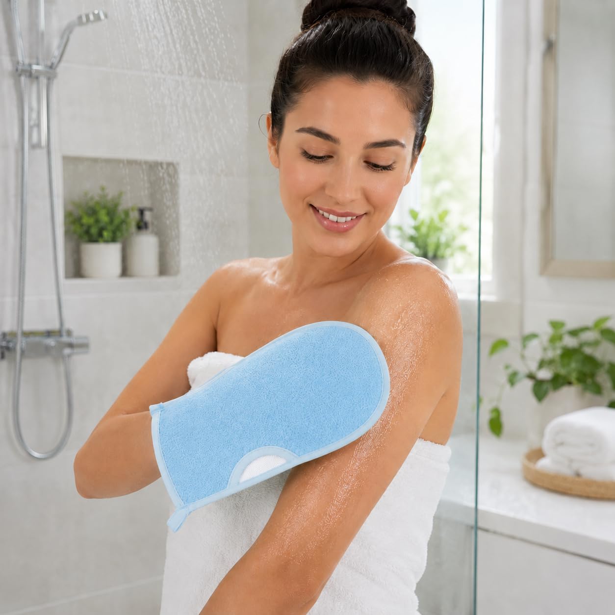 Exfoliating Shower Glove, Body Loofah Bath Mitt with Hanging Loop, Soft Scrub Wash Cloth, Quick Dry Sponge for Men and Women, B-618 (Blue) - image 7