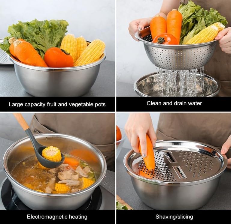 Stainless Steel Basin Grater 26 CM, Multifunctional 3 in 1, Vegetable Cutter with Drain Basket - Vegetable Fruits Washing Bowl Strainer Set - image 3
