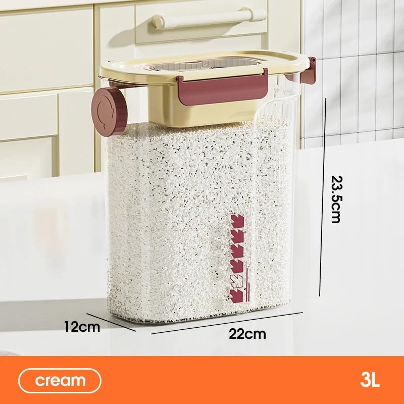 Food Storage Container 3L, Airtight Acrylic Kitchen Jar with 3 Locking Clips, Double Sealing Rings and Knob Lid for Cereal, Rice, Pasta, Snacks, Juice and Cold Water (Creamy, 3L) - image 2